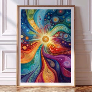 以下が含まれることがあります： 抽象的なデザインの額入りアートプリント。このアートワークは、青、緑、黄、オレンジ、紫など、色の波を放射する中心的な太陽のような要素を特徴としています。この作品は、明るい茶色の木製フレームに額装されています。