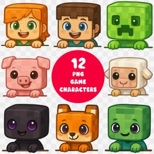 12 Peeking Blocky Characters PNG – Mine Game Inspired Clipart, Transparent Background, Pixelated Voxel Game Characters Clipart