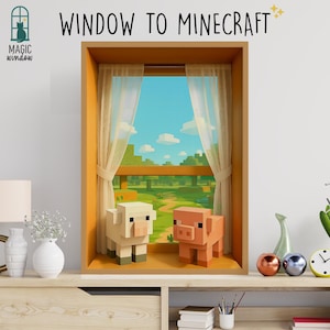 Blocky Buddies Window Poster – Cute Pig and Sheep Digital Wall Art, Game Poster for Kids with CUte Blocky Characters