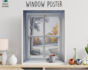Magic Window Autumn View Poster: Trompe-l'œil Coffee Cup (Printable Poster)