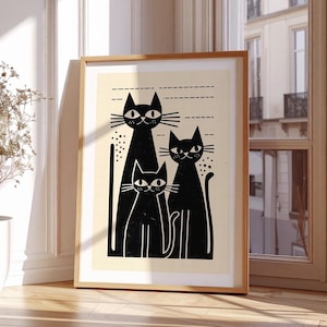 Three Black Cats – Funny Black and White Cat Wall Art | Modern Minimalist Artful Cat Poster | A0-A5 Printable Digital Download