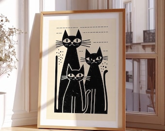 Black Cat Art Print: Funny Minimalist Cat Poster (Digital Download)