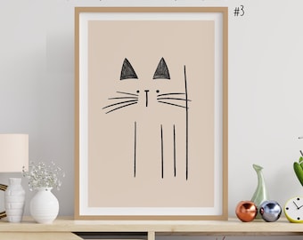 Minimalist Cat Line Art Print: Beige Neutral Decor (Digital Download)