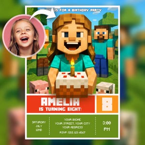 Faire-part d'anniversaire personnalisé style Minecraft - Faire-part d'anniversaire personnalisé pour enfants - Modèle canva modifiable - Téléchargement numérique Evite