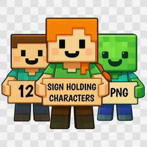 12 Sign Holding Blocky Characters PNG – Mine Game Inspired Clipart, Transparent Background, Pixelated Voxel Game Characters Clipart