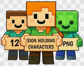 Mine Game Inspired Clipart: Sign Holding Pixel Characters (PNG Digital Download)