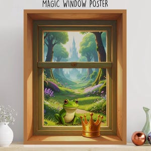 Magical Window Fairytale Wall Art for Kids Room Poster with Frog Prince & Crown – 3:4 Printable Sizes Trompe-l&#39;œil