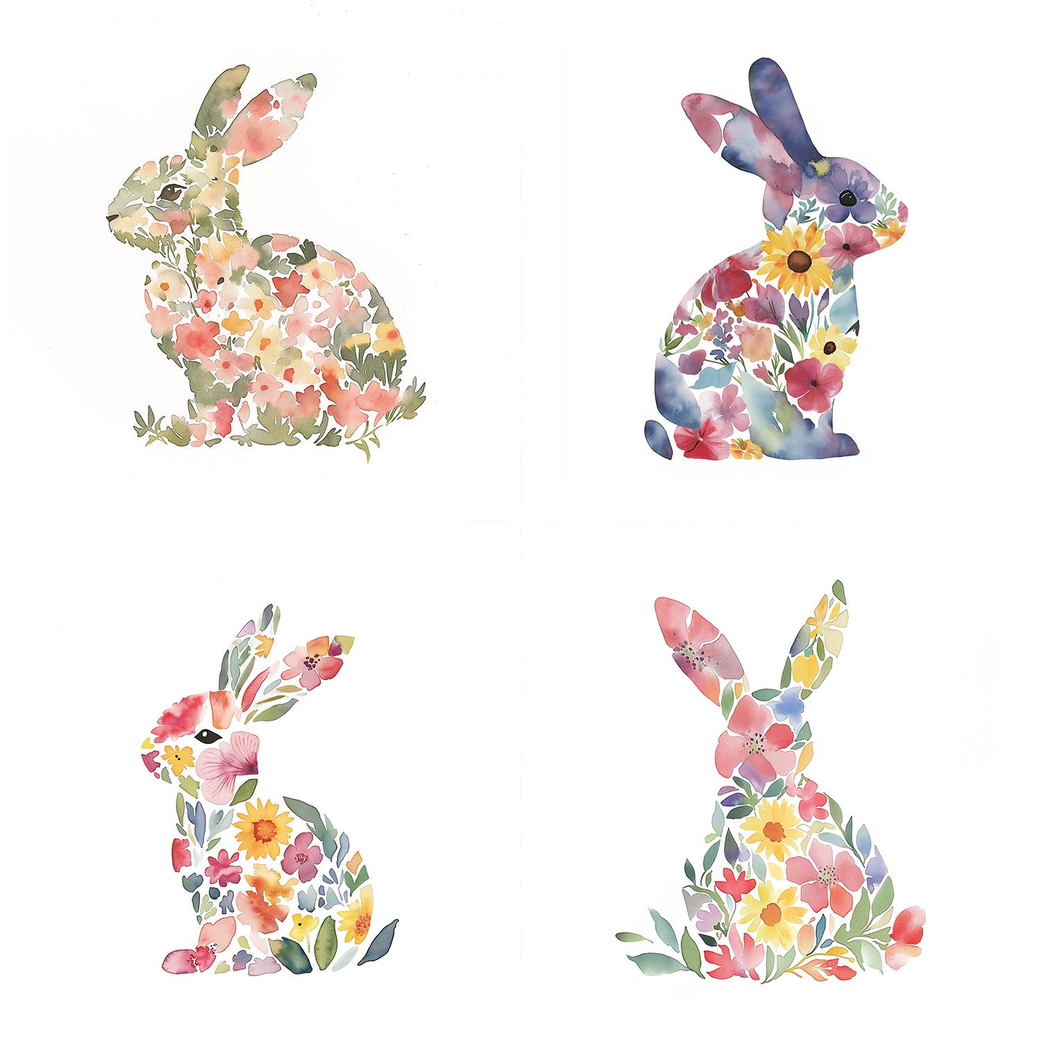 12 Floral Bunny Silhouettes – PNG - Watercolor Floral Rabbits Clipart ...