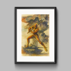 Peut inclure: Impression encadrée à l'aquarelle d'une figure en costume jaune maniant une épée, dans une pose dynamique. Le fond présente une structure abstraite aux tons sourds. L'œuvre est encadrée dans un cadre noir.