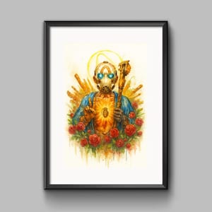 Puede incluir: Impresión en acuarela enmarcada que presenta un personaje con máscara de gas, ojos azules y un bastón. El personaje está rodeado de rosas rojas y un halo dorado. La obra de arte tiene una paleta de colores vibrantes con tonos naranja, azul y dorado.