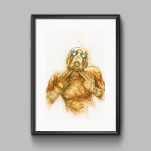 Könnte beinhalten: Gerahmter Aquarelldruck eines Charakters aus dem Videospiel Borderlands. Die Figur trägt eine Maske und hat blaue Augen. Die Figur macht eine Handgeste mit beiden Händen. Das Kunstwerk befindet sich in einem schwarzen Rahmen.