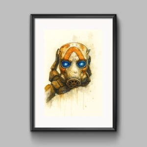 Könnte beinhalten: Gerahmter Aquarelldruck einer Maske einer Figur aus dem Videospiel Borderlands. Die Maske ist hauptsächlich beige mit orangefarbenen Akzenten und leuchtend blauen Augen. Das Kunstwerk ist vor einem cremefarbenen Hintergrund und in Schwarz gerahmt.