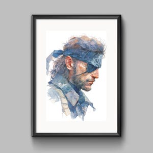 Peut inclure: Portrait à l'aquarelle d'un homme avec un bandeau bleu et un cache-œil, dans un cadre noir. L'œuvre présente une représentation détaillée du visage du sujet, avec un accent sur les yeux et la barbe. Le style rappelle un personnage de jeu vidéo classique.