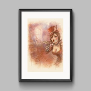 Könnte beinhalten: Gerahmter Kunstdruck. Eine Aquarellillustration zeigt eine Frau in einem rot-braunen Outfit, die einen Kuss gibt. Sie trägt einen Zylinder mit einer Spielkarte, vor einem verschwommenen, sepiafarbenen Hintergrund. Das Kunstwerk ist in einem schwarzen Rahmen.