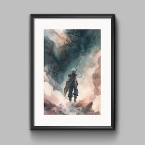 Op de afbeelding: Ingelijste kunstdruk met een aquarel illustratie van een personage met stekelig blond haar en een groot zwaard op de rug, tegen een bewolkte, atmosferische achtergrond. Het kunstwerk is in een zwarte lijst.