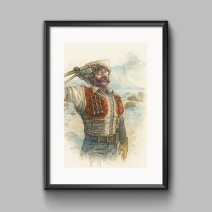 Könnte beinhalten: Aquarelldruck eines Mannes in roter Weste und weißem Hemd, der einen Hut trägt und den Arm hebt. Das Kunstwerk hat eine Vintage-Ästhetik mit einer gedämpften Farbpalette und einem Hintergrund einer Küstenlandschaft. Das Bild ist in einem schwarzen Rahmen gerahmt.