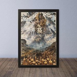 May include: A framed vertical art print featuring a dark, rocky landscape with floating debris and a central glowing structure marked with the number 33. The foreground is filled with numerous lit candles casting a warm glow against the dark terrain.
