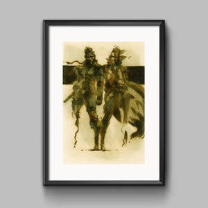 Peut inclure: Impression d'art encadrée présentant une illustration à l'aquarelle de deux personnages. Les figures sont dans des tons de vert, de marron et de beige, avec une bande horizontale noire. L'œuvre est encadrée dans un cadre noir.