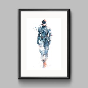 Peut inclure: Impression aquarelle encadrée d'un personnage en tenue militaire. Le personnage est représenté en nuances de bleu et de gris, avec un bandeau assorti. L'œuvre a un effet aquarelle, avec des coups de pinceau et un mélange de couleurs visibles. Le fond est blanc.