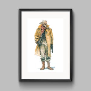 Peut inclure: Illustration à l'aquarelle d'un personnage en trench-coat beige, écharpe rouge et lunettes de soleil, tenant une arme à feu. L'œuvre est encadrée dans un cadre noir, sur fond blanc. Le personnage porte des gants et des bottes.