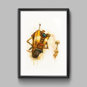 Könnte beinhalten: Gerahmter Aquarelldruck mit einem gelben Roboter mit einem einzelnen Rad und einem blauen Auge. Ein vertikaler Stapel aus drei Schädeln ist ebenfalls vorhanden. Das Kunstwerk hat einen verwitterten Aquarellstil.