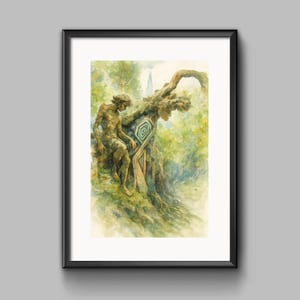 Peut inclure: Peinture à l'aquarelle encadrée en noir. L'œuvre représente une figure nue assise près d'une structure stylisée en forme d'arbre avec un motif géométrique. La palette de couleurs est dominée par le vert, le brun et le jaune, créant une scène naturaliste.