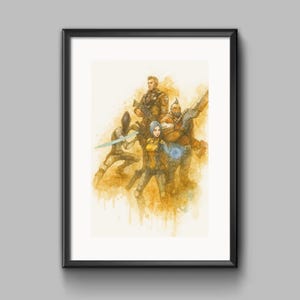 Könnte beinhalten: Gerahmter Kunstdruck mit einer Aquarellillustration einer Gruppe von Charakteren. Die Charaktere sind in dynamischen Posen dargestellt, mit Waffen und futuristischer Kleidung. Die Farbpalette umfasst Gelb-, Braun- und Blautöne.
