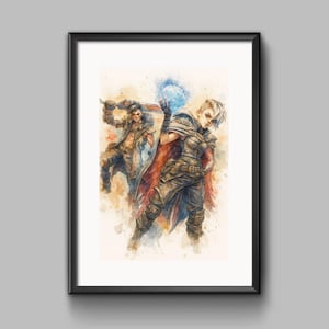 Könnte beinhalten: Aquarelldruck von zwei Fantasy-Charakteren in Aktion. Eine Figur schwingt ein Schwert, die andere hält eine leuchtende blaue Kugel. Beide sind in detaillierter Rüstung und Kleidung gekleidet, mit einem roten Umhang. Das Kunstwerk ist gerahmt.