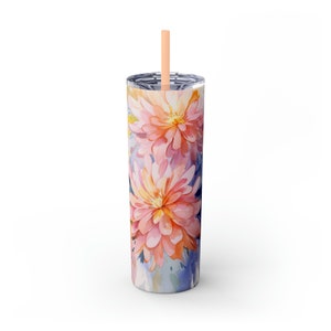20oz Skinny BPA Free Lid Watercolor Floral Wine TUMBLER With Straw Wine Lovers GIFT, Matte Gloss Finish Stainless Steel Plastic Tumbler