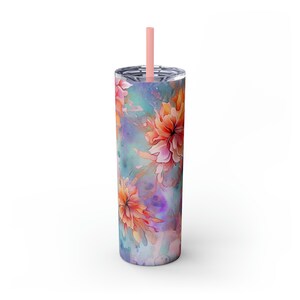 20oz Skinny Bpa Free Lid Dreamy Watercolor Flower TUMBLER With Straw Wine Lovers Gift, Matte Gloss Finish Stainless Steel Plastic Tumbler