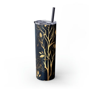 20oz FOREST Blue Design Double Wall Metal SKINNY TUMBLERS With Straw Gift For Forest Lovers, Bpa Free Lid Hot Cold Coated Non-Toxic Tumbler
