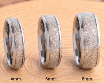 Silver Meteorite Tungsten Wedding Band, 4mm6mm8mm Domed Ring, Meteorite Inlay, Comfort Fit, Polished, Dome