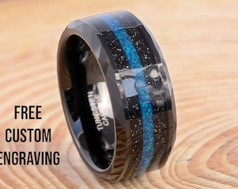Black Hammered Tungsten Wedding Ring: Green-Blue Opal Inlay, Faceted Edge