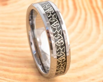 6mm Tungsten Celtic Trinity Knot Ring: Silver Wedding Band,Black Carbon Fiber Inlay