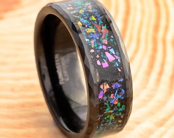 8mm Tungsten Opal Black Ring, Dome Multi colors Men Women Ring, Comfort Fit