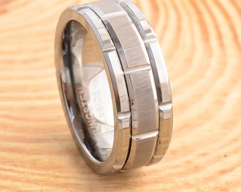8mm Silver Tungsten Ring Mechanical Seal Inlay Men Rings, Wedding Band, Comfort Fit Ring