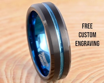 Black Tungsten Wedding Band: Blue Accent Ring, 6mm