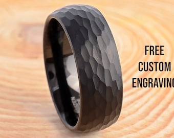 8mm Black Tungsten Ring: Hammered Wedding Band, Comfort Fit