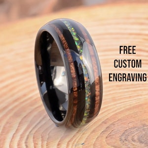 Tungsten Black Ring Opal and Hawaiian Koa Wood Black Ceramic Mens Wedding Band, Mens Ring, Opal Wood Ring,Wooden Ring For Men, Abalone Shell
