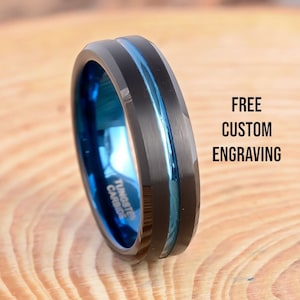 Blue black Mens Tungsten Ring Blue Line Design Wedding Band Personalise