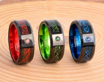 Tungsten Celtic Dragon Ring Red Green Blue Inlay Wedding Band