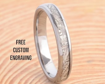 4mm Tungsten Carbide Ring: Silver Dome, Imitation Meteorite Inlay