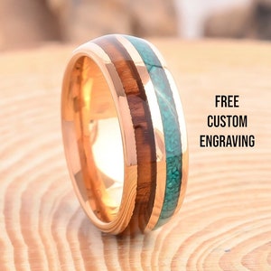 8mm Tungsten Rose Gold Ring With Wood & Turquoise Inlay, Mens Wedding Band, Promise Ring, Wedding Ring For Men,Engagement Ring,Birthday Gift