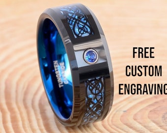 Black Tungsten Ring: 8mm Blue Celtic Dragon Wedding Band