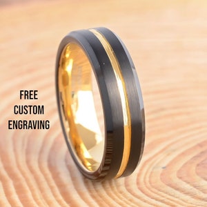 6 mm 8 m Wolfram Schwarz Gebürstet Gold Obsidian Ehering, MännerringGelbgold Band Geschenk für Mann, Geschenk für Paar, Geschenk für Jahrestag Ring