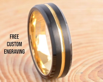 Black Tungsten Wedding Band: Brushed Gold Inlay Ring