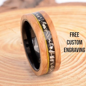 8mm Tungsten Mens Wedding Ring, Guitar String Meteorite & Whiskey Barrel ,Olive Wood Black Sand Metal Slag Guitar String Inlay Tungsten Ring