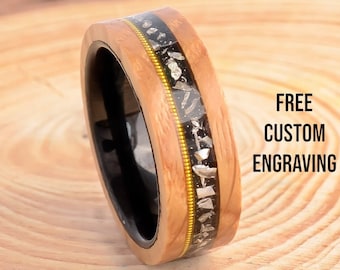 Tungsten Men's Ring: Guitar String, Meteorite, Whiskey Barrel Wood Inlay