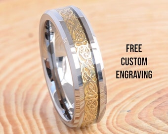 6mm Tungsten Wedding Band Men Ring Shiny Beveled Edge with Golden Celtic Dragon Cut Inlay,Anniversary Ring,Promise Ring, Engagement Ring,