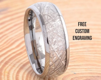 8mm Tungsten Carbide Ring: Silver Dome Meteorite Inlay